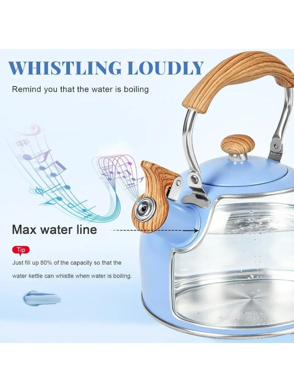 GGC Blue Stainless Steel Kettles 2.6QT Whistling Stove Top Folding Wood Handle